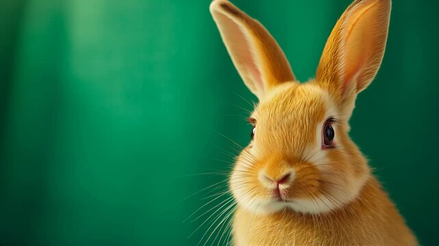 A brown rabbit or bunny with soft fur sits calmly, showcasing its gentle features and alert ears while surrounded by a soothing green background, creating a peaceful atmosphere, easter mood, copy spac