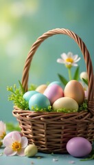 Pastel-colored eggs in woven basket, spring flowers ,  background,  nature