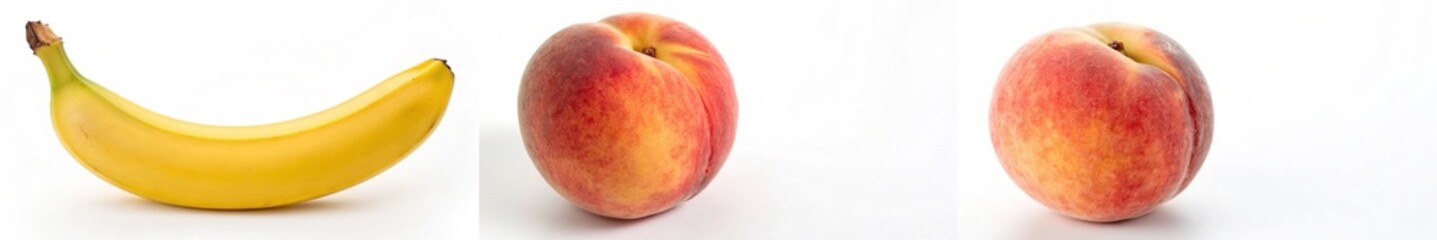 Fresh banana and peach arranged on a clean white background.