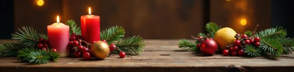 Rustic Christmas table, wood, candles, berries, natural elements , vintage, plates, centerpiece