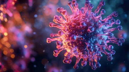 Microscopic Menace: A striking, high-magnification view of the coronavirus showcases the virus's intricate structure, vividly rendered in vibrant hues against a blurred background.