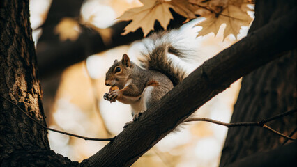 vector illustration of a quirrel nibbling on an acorn on a tree branch