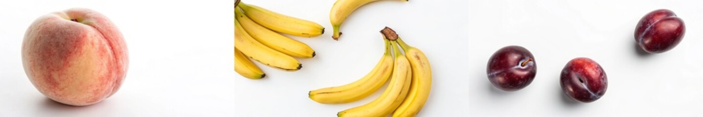 Fresh peaches and bananas arranged on a clean white background, showcasing vibrant colors.
