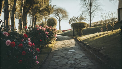 Fototapeta premium Stone garden pathway lined with blooming roses in sunlight