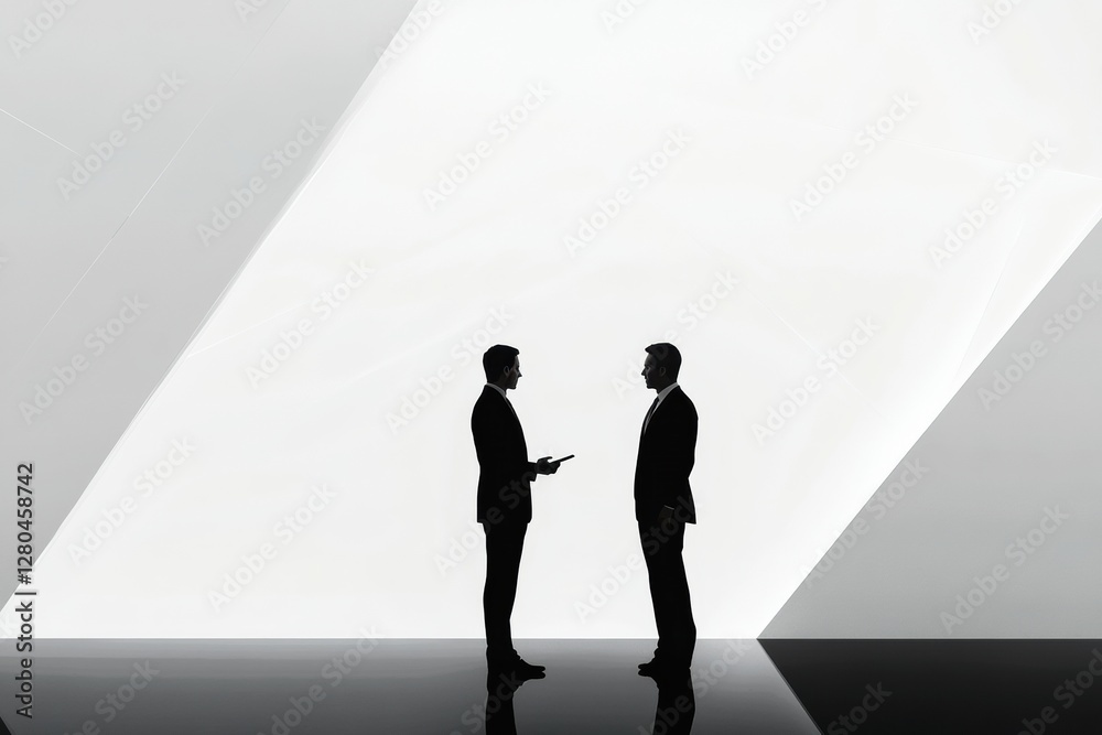 Aufkleber Negotiate for better terms as two figures converse in a minimalist setting with diagonal light contrasts. Generative AI
