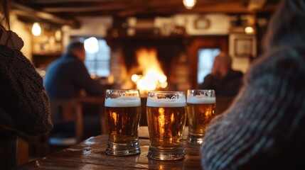 Alcohol consumption at a charming countryside pub with ales and open fireplaces. Featuring warmth and community