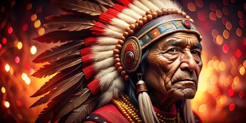 Obraz premium Red bokeh backdrop illuminates a powerful Native American chief mascot, his tribal headdress a focal point in this captivating design.