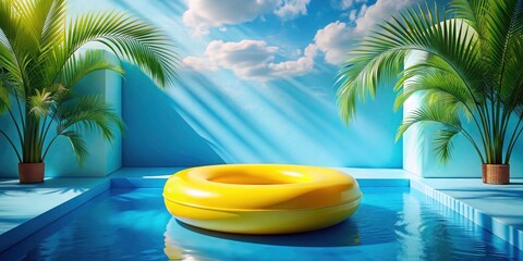 Obraz premium Realistic 3D render: blue podium, swim ring, summer scene, perfect for product display at a pool party.