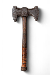Antique double-headed iron axe with wooden handle and leather wrap