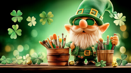 Gnome mixes paint while standing among shamrock clovers wearing vibrant green attire and carrying a bucket of art supplies in a dreamy green setting filled with charm