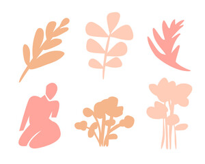 Summer botanical set with abstract floral design elements. Tropical Silhouettes of Birds, flowers, plants and woman figure enjoying sunset on nature. Abstract shapes leaves flat art. Isolated. Vector