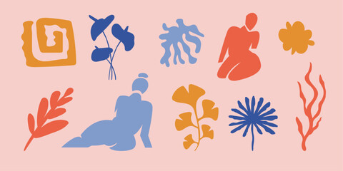 Obraz premium Summer botanical set with abstract floral design elements. Tropical Silhouettes of Birds, flowers, plants and woman figure enjoying sunset on nature. Abstract shapes leaves flat art. Isolated. Vector