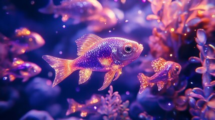 Fototapeta premium Luminous purple and orange fish swim in a vibrant underwater scene.