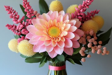 Vibrant floral arrangement featuring pink dahlia, yellow billy buttons, and pink lupin at a modern setting