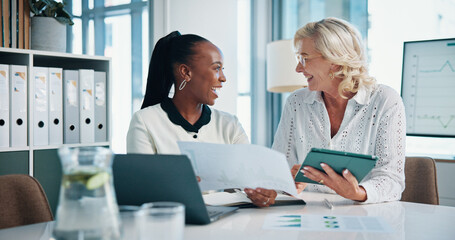 Fototapeta premium Accountant, office and women with tablet, graphs and manager for feedback, training and smile. Documents, teamwork and people with laptop, growth strategy and digital project report for finance