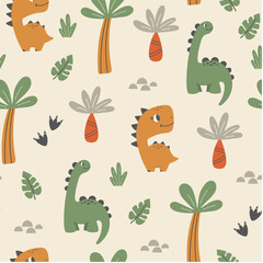 Colorful Childish seamless pattern with dinosaurs and palm trees on a light background. Hand drawn children's pattern for fashion clothes, shirt, fabric. Baby Dinosaur vector illustration.