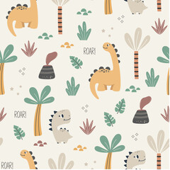 Colorful Childish seamless pattern with dinosaurs, volcanoes and palm trees on a light background. Hand drawn children's pattern for fashion clothes, shirt, fabric. Baby Dinosaur vector illustration.