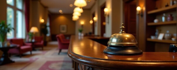 Elegant hotel reception desk with vintage bell, desk, concierge