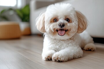 Cute fluffy dog relaxing indoors with a joyful expression and a friendly demeanor in a cozy living room setting