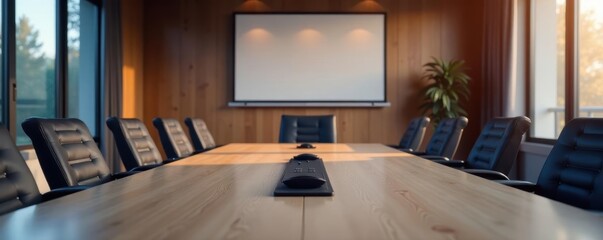 Empty chair at conference table, untouched presentation , deal, management