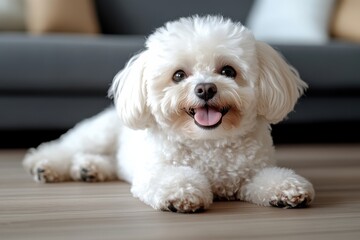 Happy white dog resting on wooden floor in cozy living room while enjoying the warm sunlight