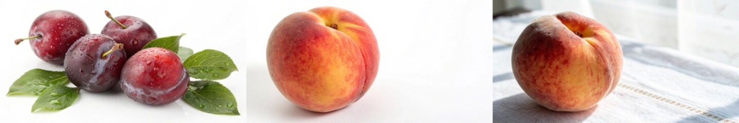 Juicy plums and peaches with droplets of water highlight freshness and vitality.