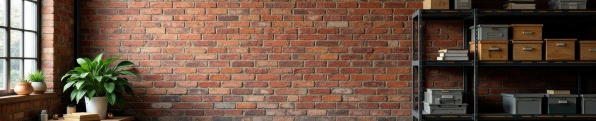 Obraz premium Exposed brick wall, metal shelving with tools , vintage, windows