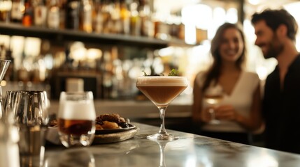 Alcohol consumption at a chic café with espresso martinis. Featuring trendy and cozy ambiance