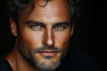 Fototapeta premium Portrait of a man with striking blue-green eyes and tousled dark hair, capturing confidence and charisma in a close-up, natural lighting setting