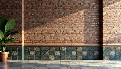 Geometric patterned tiles, exposed brick wall, copper accents, floor, vintage