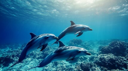 Obraz premium Three Dolphins Swimming Underwater Near Coral Reef