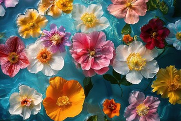 Colorful flowers floating in a serene blue water setting during a bright day