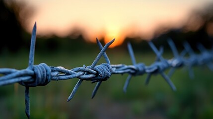 Close-up of barbed wire against a sunset backdrop.
