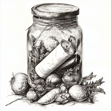 recommend clip art: Vintage pickled vegetables in jar with onions carrots and lettuce sketch
