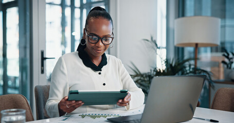 Stats, smile and woman with tablet, reading or happy for traffic on website, online or SEO manager....