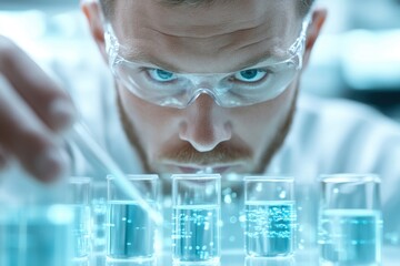 Scientist conducts experiment in modern lab, wearing protective eyewear, closely observing liquid reactions in test tubes.