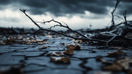 Fototapeta premium Broken tree branch on cracked pavement surrounded by scattered leaves and debris, depicting aftermath of strong winds and stormy weather, environmental damage concept. 