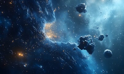 A futuristic cosmic landscape with deep blue tones, glowing nebulas, and floating asteroids, Generative AI