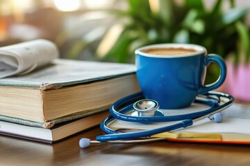 A warm and inviting study space featuring a stethoscope, a cup of coffee, and a thick medical textbook filled with notes