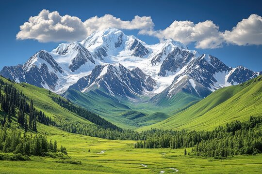 Majestic snow-capped mountains rise over lush green valleys under a vibrant blue sky with fluffy clouds on a clear day