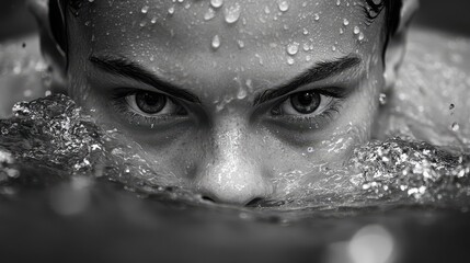 Action shot of a female swimmer slicing through the water, intense expression and water droplets captured in detail, tournament atmosphere.
