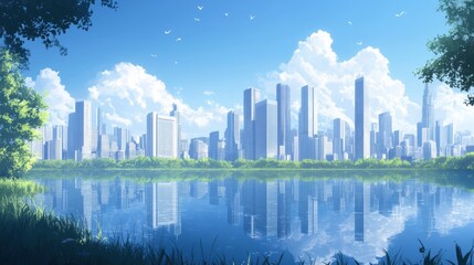 Fototapeta premium A modern metropolis rising beside a vast, glistening lake under a clear blue sky.