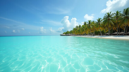 Naklejka premium Maldives island beach. Tropical summer scenery landscape, white sand with palm trees. Luxury tourist destination.