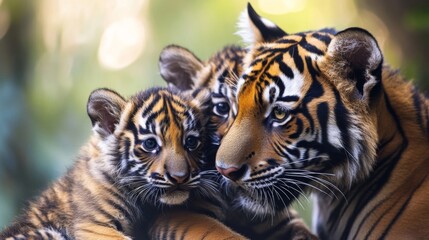 Obraz premium Closeup of a Tiger and Her Cubs in Lush Green Natural Habitat