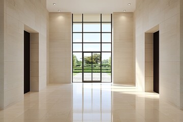 Fototapeta premium A modern, spacious lobby featuring large windows, sleek walls, and two elevator doors, offering a bright and inviting atmosphere.