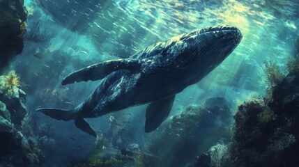 Fototapeta premium Underwater Whale in a Vibrant Coral Reef