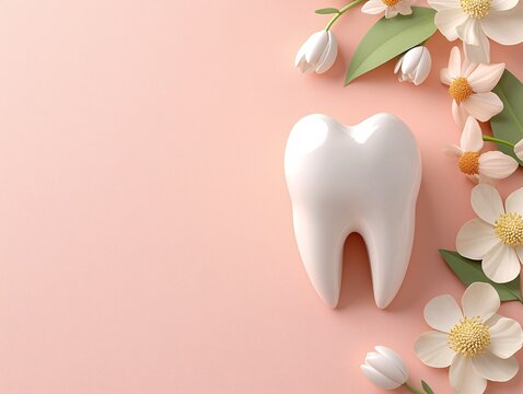 3D Human Tooth Anatomy concept. A white tooth model surrounded by flowers on a soft pink background, symbolizing dental care and beauty.
