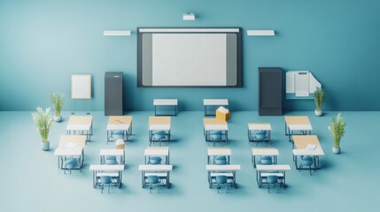 3D modern learning environment with a large interactive smartboard and rows of neatly arranged student desks
