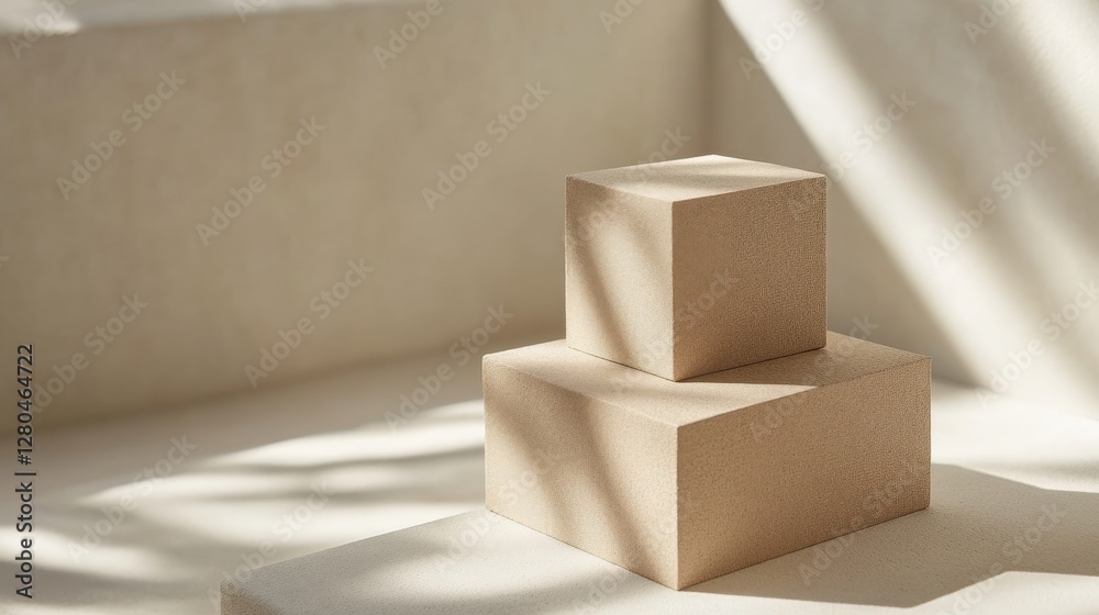 Poster minimalistic display of stacked geometric boxes on a soft surface with gentle lighting