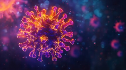 Vivid depiction of a dangerous virus: A striking artistic portrayal of a menacing virus, its intricate structure illuminated with glowing colors, floating amidst a shadowy background.